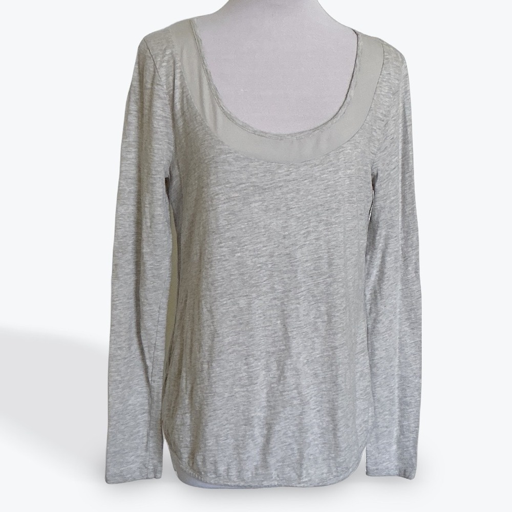 Banana Republic Womens Medium Gray Mixed Media Satin Trim Long Sleeve Scoop Top